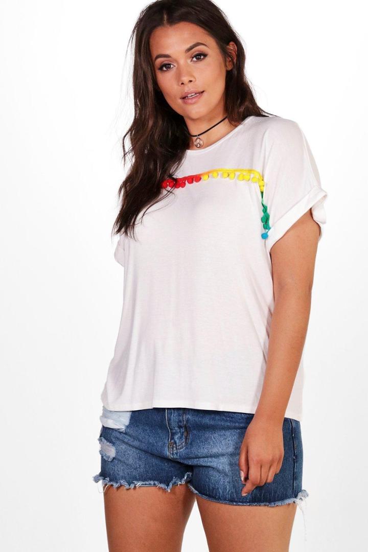 Boohoo Plus Hannah Pom Pom Trim T-shirt White