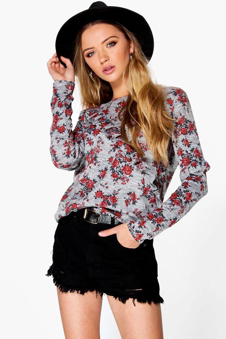 Boohoo Leanne Floral Ruffle Long Sleeve Top Grey