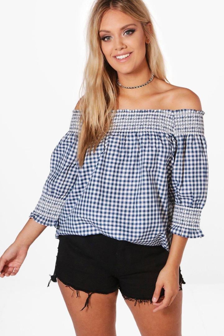 Boohoo Plus Lauren Off Shoulder Gingham Top Blue