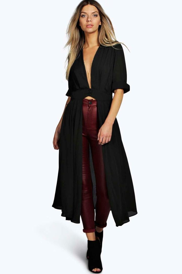 Boohoo Shirley Plunge Neck Split Maxi Shirt Black