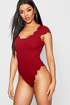 Boohoo Cap Sleeve Scallop Edge Body Suit