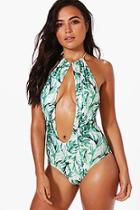 Boohoo Petite Tasha Leaf Print Plunge Halterneck Swimsuit