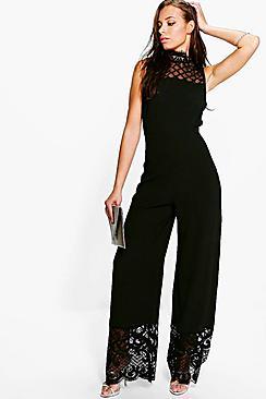 Boohoo Boutique Norah High Neck Lace Trim Jumpsuit