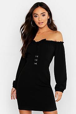 Boohoo Petite Hook And Eye Off The Shoulder Mini Dress