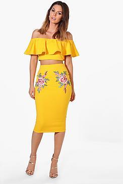 Boohoo Embroidered Frill Crop & Midi Co-ord Set