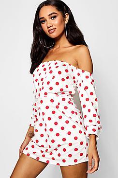 Boohoo Petite Bardot Spot Print Dress