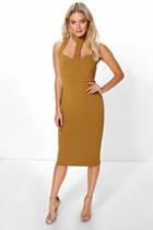 Boohoo Em Strappy Choker Midi Bodycon Dress Olive