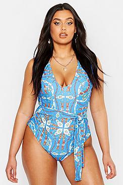 Boohoo Plus Chain Print Tie Waist Plunge Swimsuit