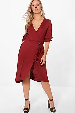 Boohoo Plus Jenny Wrap Frill Skater Dress
