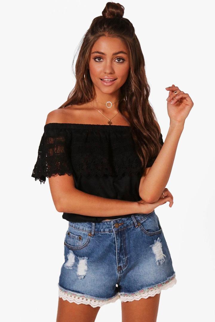 Boohoo Harriet Crochet Woven Off The Shoulder Top Black