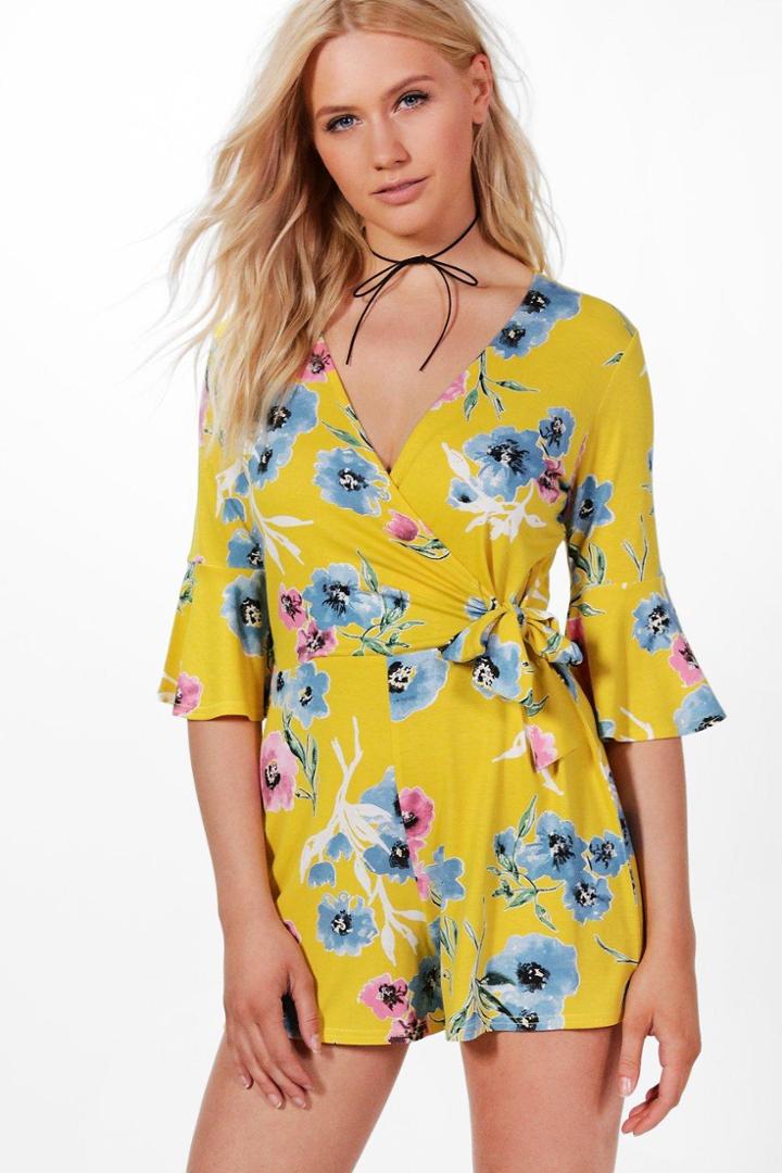 Boohoo Laurel Wrap Front Playsuit Yellow