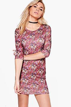 Boohoo Rosalyn Floral 3/4 Sleeve Bodycon Dress