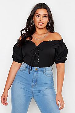 Boohoo Plus Lace Up Sweetheart Neckline Off Shoulder Top