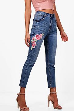 Boohoo Wendy Raw Hem Floral Embroidered Skinny Jeans