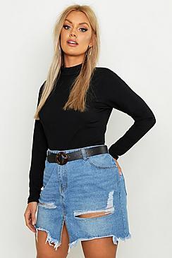 Boohoo Plus Basic Rib High Neck Long Sleeved Crop Top