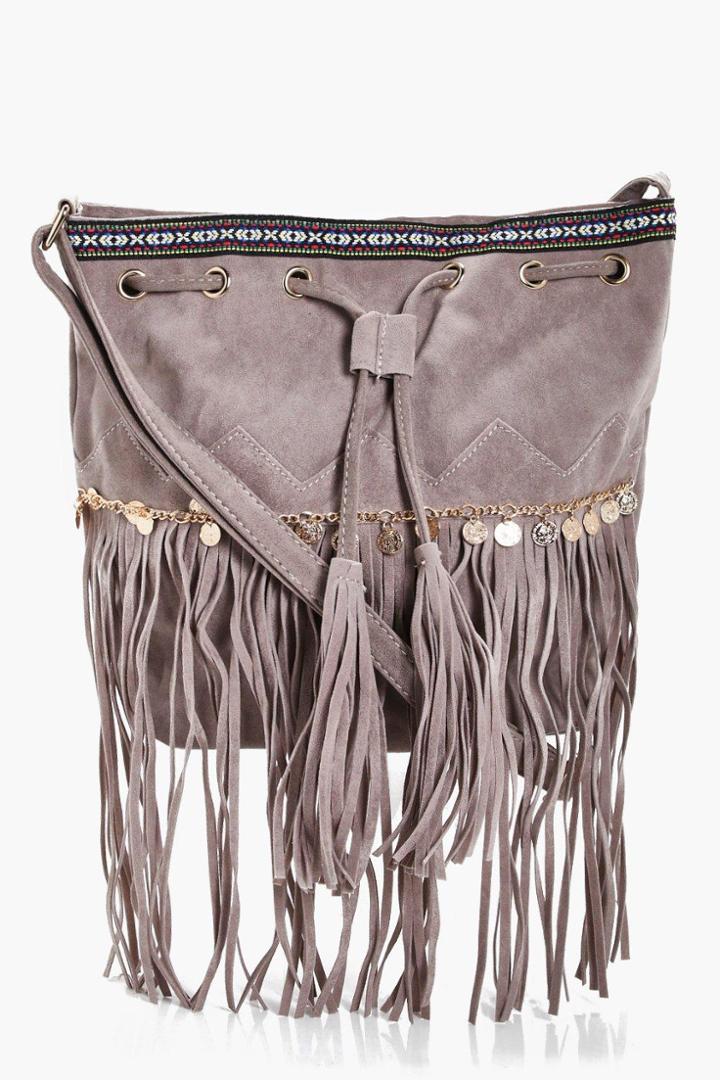Boohoo Katie Aztec Coin Trin Tassel Buckle Bag Taupe