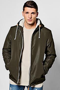 Boohoo Khaki Zip Through Jacket With Borg Lined Hood