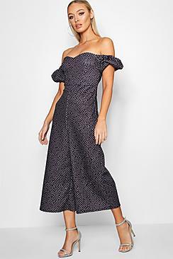 Boohoo Annabelle Puff Sleeve Culottte Polka Dot Jumpsuit