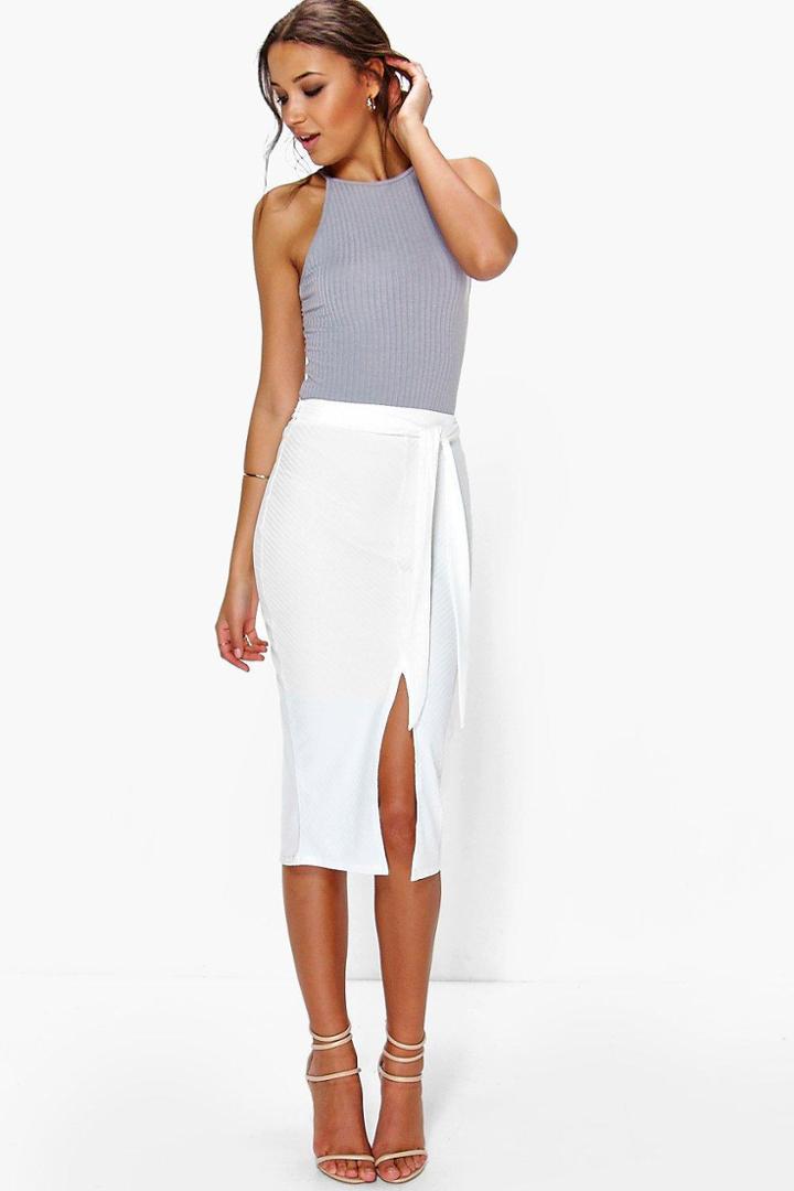 Boohoo Tall Dala Tie Waist Front Slit Midi Skirt Ivory