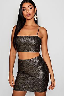 Boohoo Sparkle Crop Top And Mini Skirt