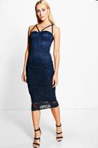 Boohoo Addie Metallic Lace Strappy Bodycon Dress Navy