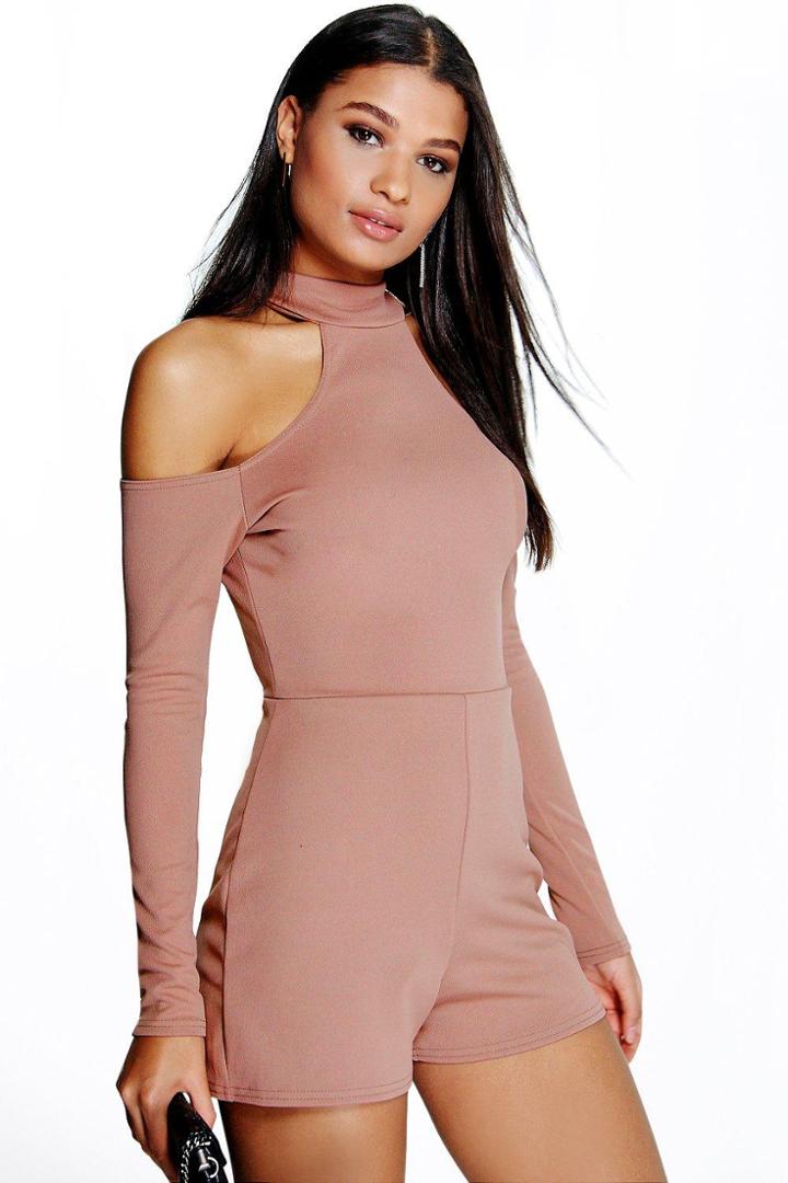 Boohoo Anna Open Shoulder High Neck Playsuit Mocha