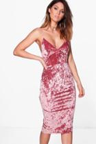 Boohoo Emzy Crushed Velvet Midi Bodycon Dress Rose
