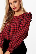 Boohoo Plus Charly Check Frill Shoulder Top
