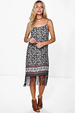 Boohoo Abigail Fringed Floral Border Print Shift Dress