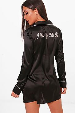 Boohoo Mia 'i Woke Up Like This' Slogan Satin Night Shirt
