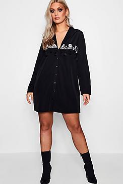 Boohoo Plus Lizzy Embroidered Tassel Shirt Dress