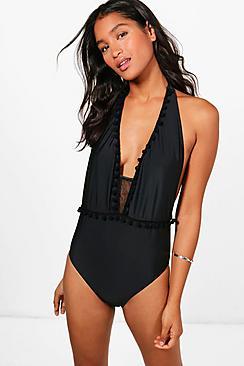 Boohoo Madrid Pom Pom Mesh Plunge Swimsuit