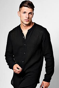 Boohoo Long Sleeve Button Linen Blend Knitted Shirt