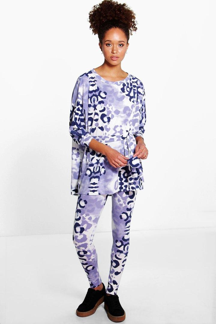 Boohoo Isla Leopard Tie Detail Co-ord Lounge Set Blue