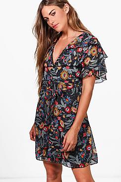 Boohoo Maisie Floral Ruffle Tiered Tea Dress
