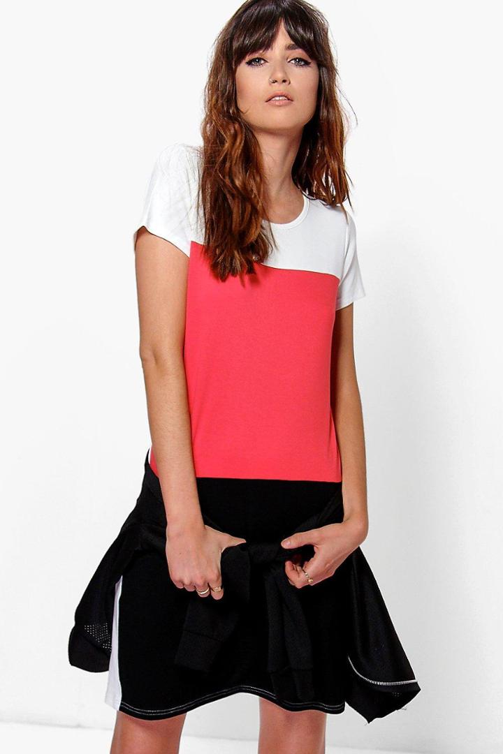 Boohoo Antoinette Cap Sleeve Colour Block Shift Dress Coral