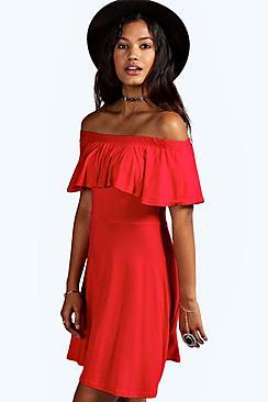 Boohoo Freya Frill Off Shoulder Skater Dress