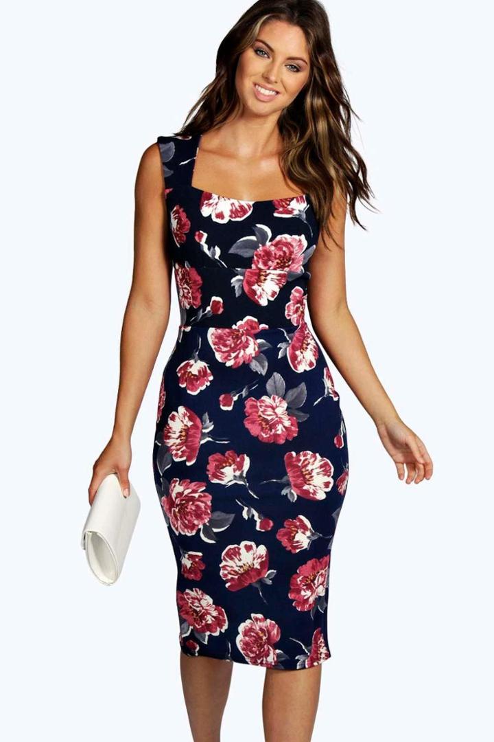Boohoo Suzie Floral Sweetheart Midi Dress Navy