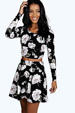 Boohoo Rose Floral Top And Skater Co-ord Set