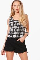 Boohoo Adrianna All Over Elephant Print Embellished Tank Top Black