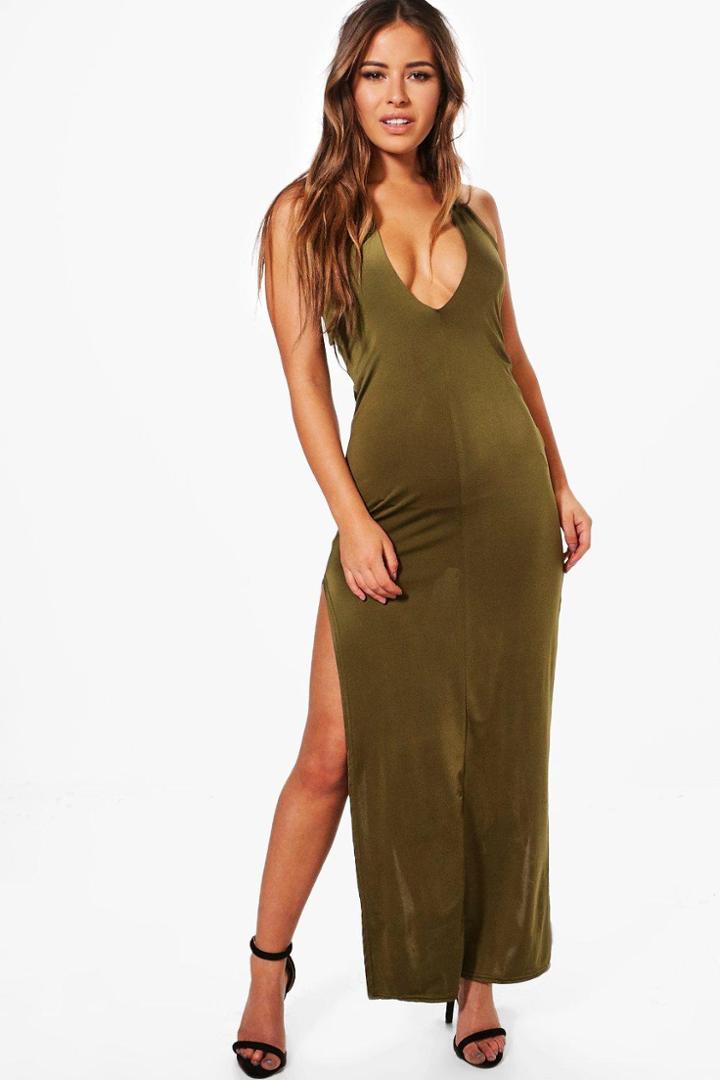 Boohoo Petite Lydia Halterneck Plunge Slinky Maxi Dress Olive