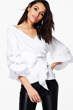 Boohoo Amelie Ruffle Tiered Sleeve Wrap Top
