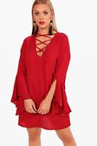 Boohoo Plus Lace Up Front Flare Sleeve Dress
