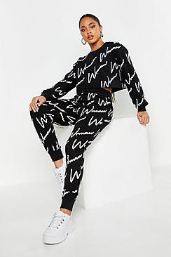 Boohoo Woman All Over Print Crop Sweat Tracksuit