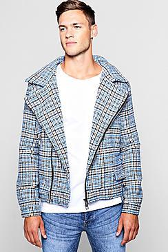 Boohoo Wool Blend Check Biker Jacket