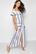 Boohoo Bardot Button Through Stripe Linen Maxi Dress