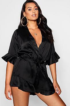 Boohoo Plus Satin Ruffle Hem Playsuit