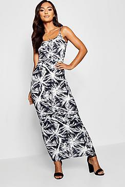 Boohoo Petite Mono Palm Print Strappy Maxi Dress