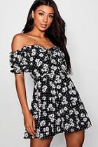 Boohoo Floral Lace Up Front Puff Sleeve Skater Dress