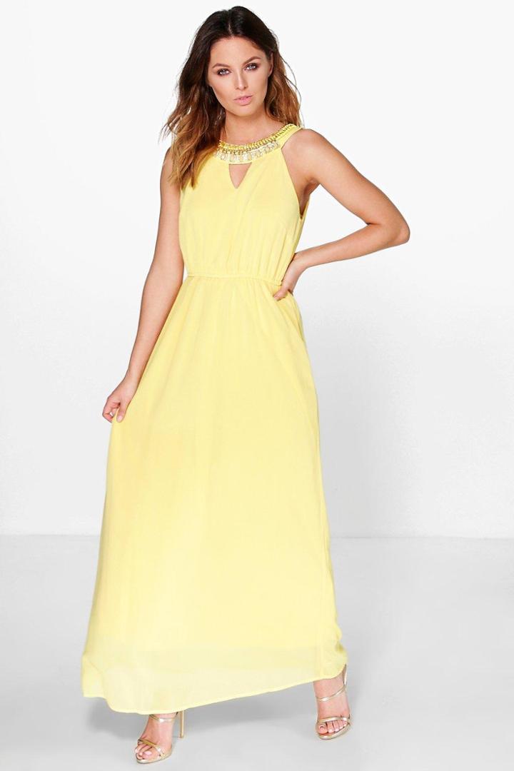 Boohoo Boutique Mary Embellished Neck Maxi Dress Yellow